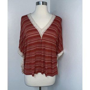 D'closet Womens Boxy Cropped Top Size S M Rust Striped Crochet Boho V-neck